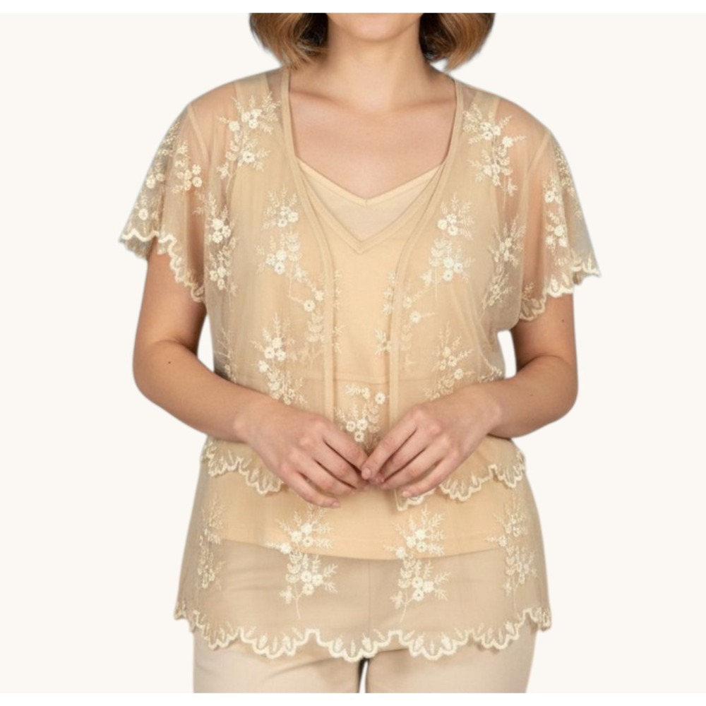 VTG NEWPORT NEWS 2-Pc SHEER MESH Floral Embroidered CAMI/TANK TOP/CARDIGAN Sz 12